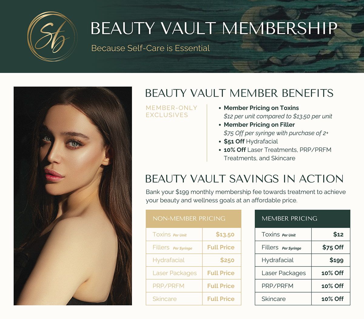 Beauty Vault membership benefits and savings overview.