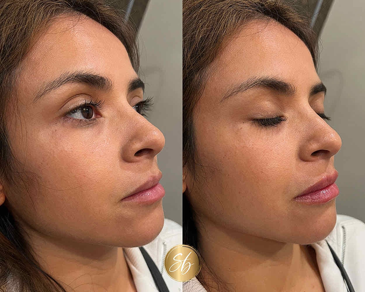 Woman's profile showcasing skin and makeup details.